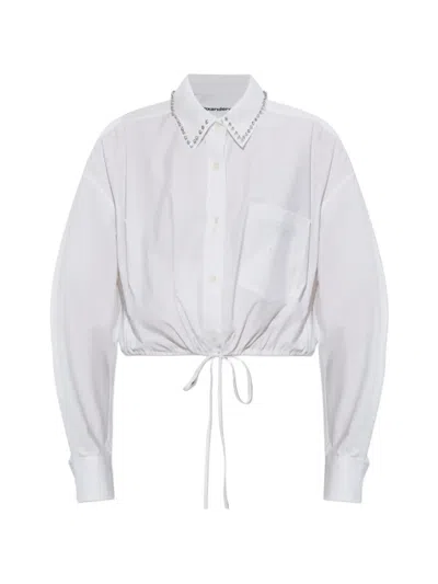 Alexander Wang Crystal Stud Crop Drawstring Waist Cotton Button-up Shirt In White