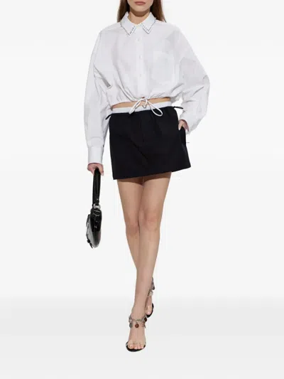 Alexander Wang Crystal Stud Crop Drawstring Waist Cotton Button-up Shirt In White