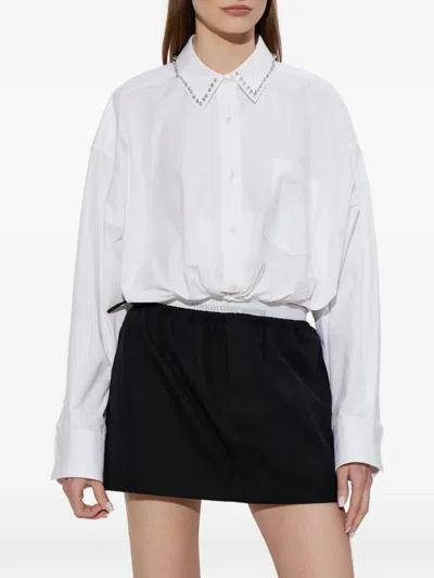 Alexander Wang Crystal Stud Crop Drawstring Waist Cotton Button-up Shirt In White