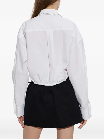 Alexander Wang Crystal Stud Crop Drawstring Waist Cotton Button-up Shirt In White