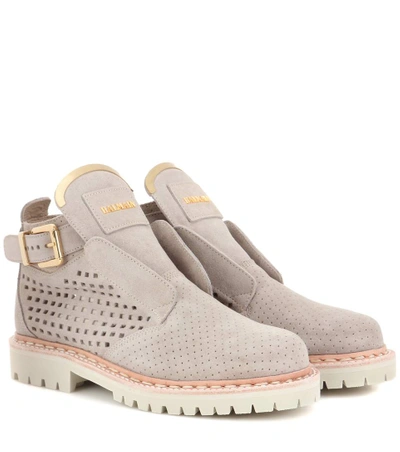 Balmain King Perforated Suede Ankle Boots In Beige-nude