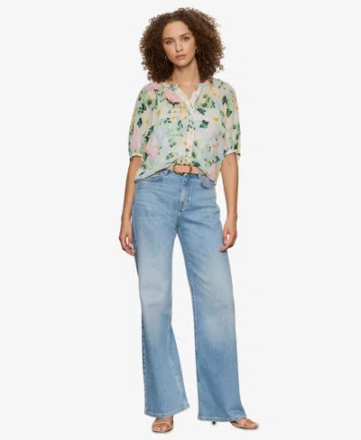 Sanctuary Petite Printed Split Neck Top In Multi
