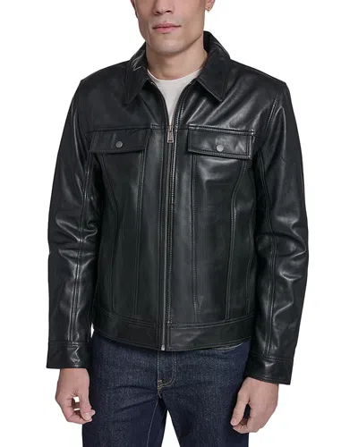 Cole Haan Leather Trucker Jacket In Black