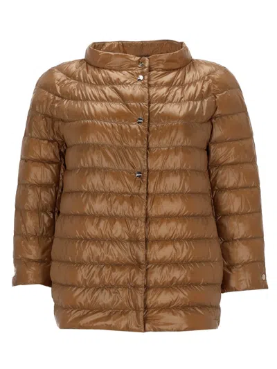 Herno Neutrals Shiny Quilted Three-quarter Down Jacket In Gold