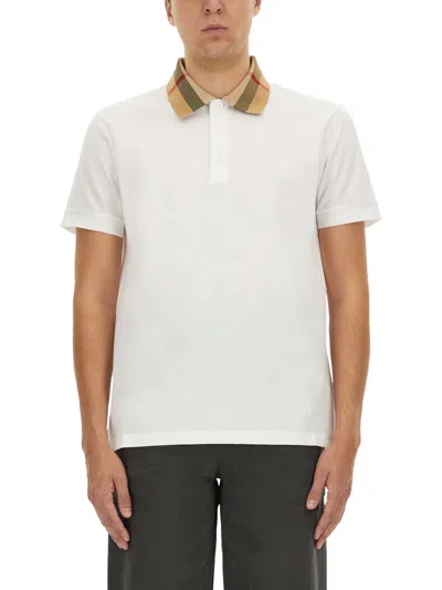 Burberry Check-collar White Polo Shirt With Three-button Placket