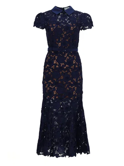 Self-portrait Guipure Blue Long Dress With Lace Design And Adjustable Waist Belt In Fabric Woman