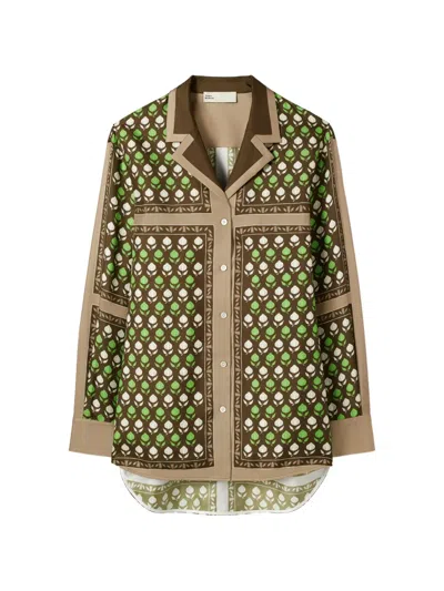 Tory Burch Printed Silk Shirt In Green
