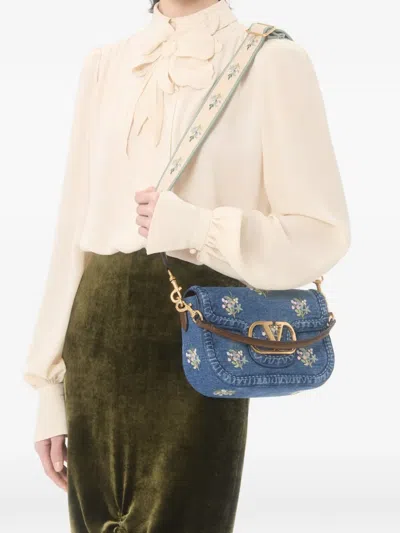 Valentino Alltime Medium Embroidered Denim Shoulder Bag With Embroidered Ribbon Strap In Blue