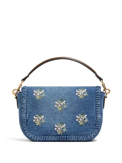 Valentino Alltime Medium Embroidered Denim Shoulder Bag With Embroidered Ribbon Strap In Blue