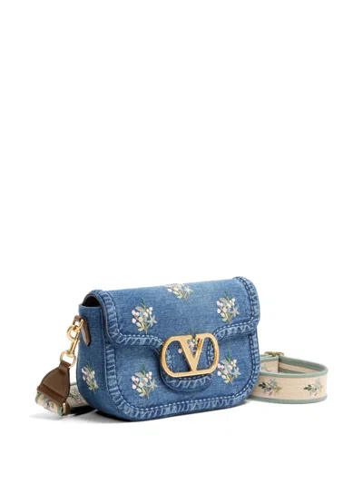 Valentino Alltime Medium Embroidered Denim Shoulder Bag With Embroidered Ribbon Strap In Blue