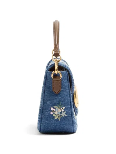 Valentino Alltime Medium Embroidered Denim Shoulder Bag With Embroidered Ribbon Strap In Blue