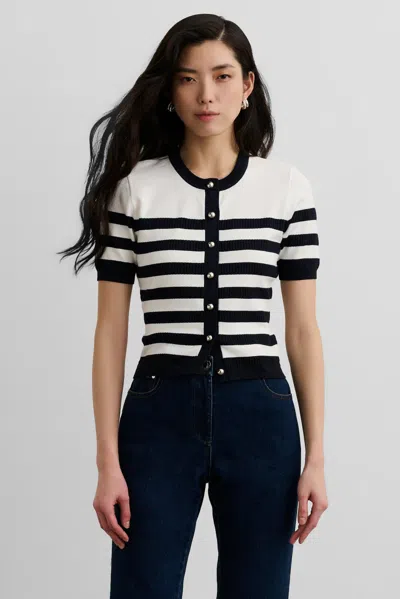 Toccin Oakley Striped Button-down Short-sleeve Cardigan In White