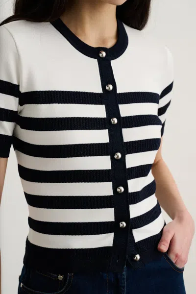 Toccin Oakley Striped Button-down Short-sleeve Cardigan In White