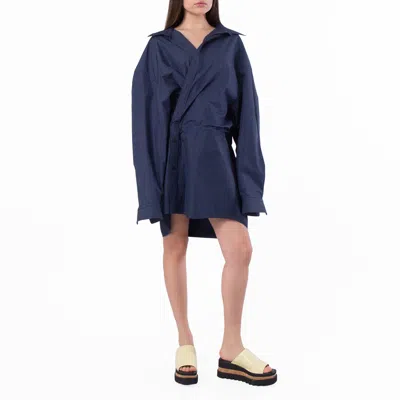 Balenciaga Elasticated Waistband Cotton Shirt Mini Dress In Blue