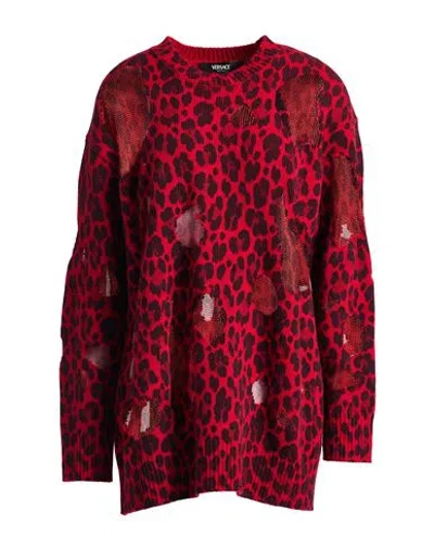 Versace Leopard-printed Semi-sheer Panelled Jumper In Red