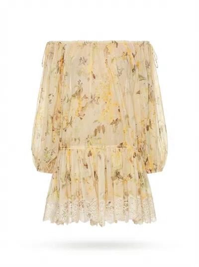 Zimmermann Cascadian Off-the-shoulder Lace-trimmed Printed Cotton-voile Mini Dress In Yellow