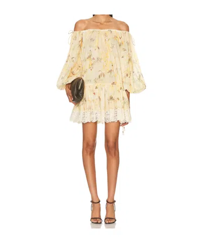 Zimmermann Cascadian Off-the-shoulder Lace-trimmed Printed Cotton-voile Mini Dress In Yellow