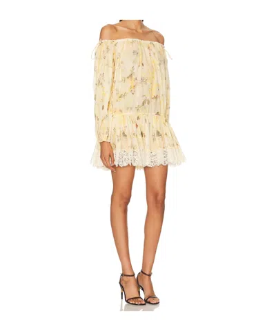 Zimmermann Cascadian Off-the-shoulder Lace-trimmed Printed Cotton-voile Mini Dress In Yellow