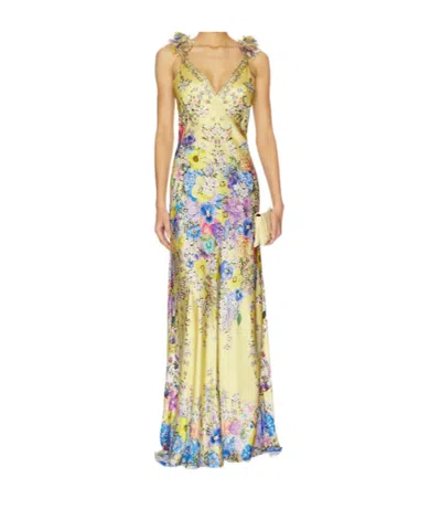 Camilla Embellished Floral Ruffled Silk Satin Maxi Dress In Yellow