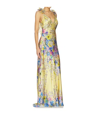 Camilla Embellished Floral Ruffled Silk Satin Maxi Dress In Yellow