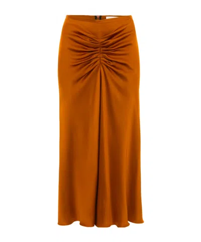 Victoria Beckham Gathered Waist Satin Midi Skirt In Brown