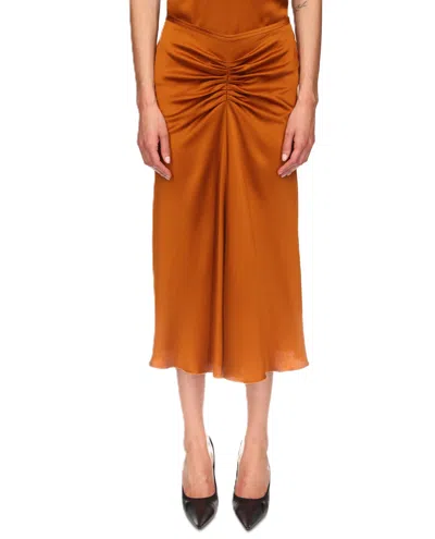 Victoria Beckham Gathered Waist Satin Midi Skirt In Brown