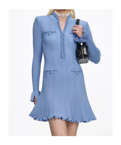 Self-portrait Self Portrait Mini Ribbed Knit Short Dress With Pearl Embellishments In Blue