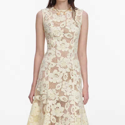 Self-portrait Midi Dress Yellow Crochet Lace With Yellow Cotton Lace For Women In White