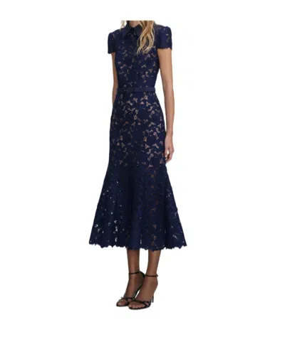Self-portrait Guipure Blue Long Dress With Lace Design And Adjustable Waist Belt In Fabric Woman