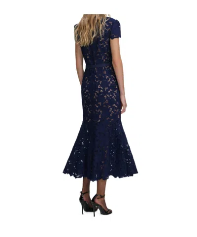Self-portrait Guipure Blue Long Dress With Lace Design And Adjustable Waist Belt In Fabric Woman