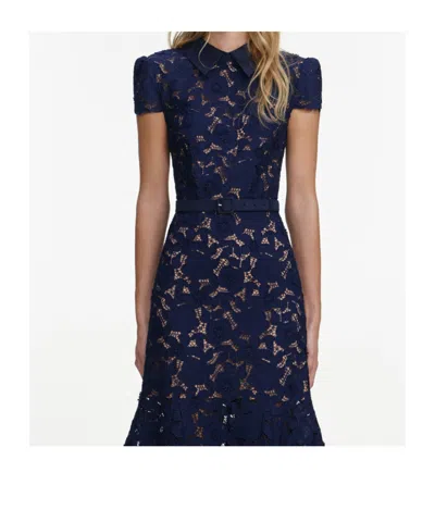 Self-portrait Guipure Blue Long Dress With Lace Design And Adjustable Waist Belt In Fabric Woman