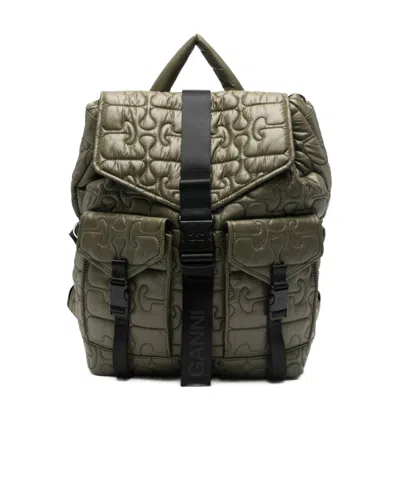 Ganni Nylon Backpack Quilt Pattern Top Handle In Green