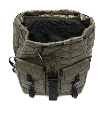 Ganni Nylon Backpack Quilt Pattern Top Handle In Green