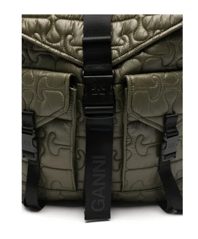 Ganni Nylon Backpack Quilt Pattern Top Handle In Green