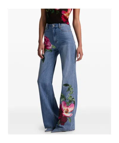 Alice And Olivia Chic High Rise Full Length Rose Print Jeans In Denver Bright Blue