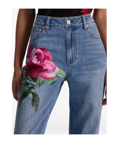 Alice And Olivia Chic High Rise Full Length Rose Print Jeans In Denver Bright Blue
