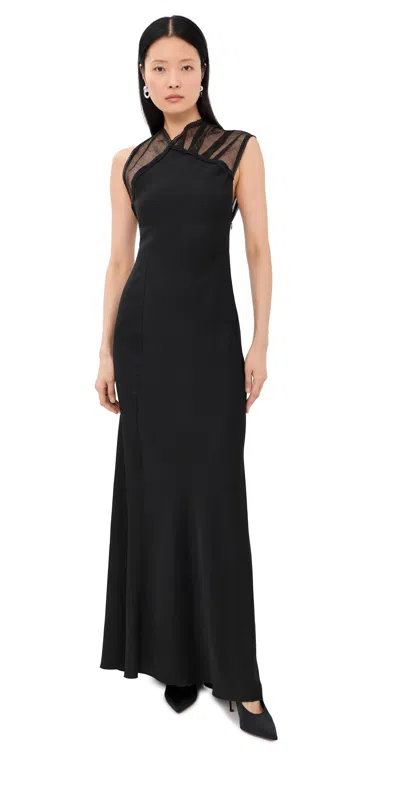 Victoria Beckham Asymmetric Mesh Trim Trumpet Gown In Black