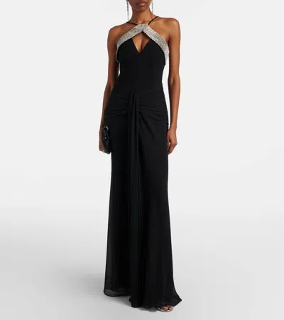 Rebecca Vallance Astros Draped Crystal-trim Halter Gown In Black