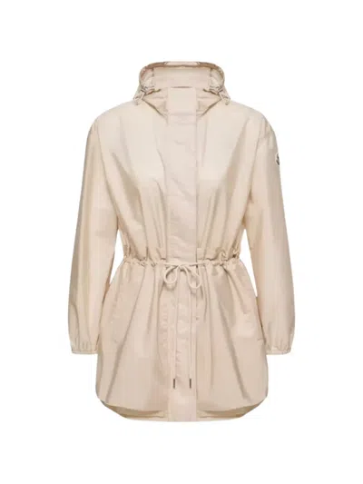 Moncler Weteau Ruched-trim Hooded Mid-length Jacket In Neutral