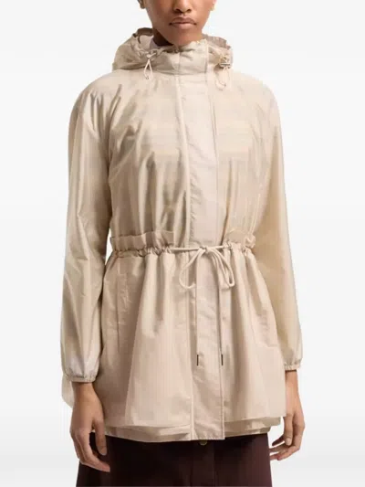Moncler Weteau Ruched-trim Hooded Mid-length Jacket In Neutral