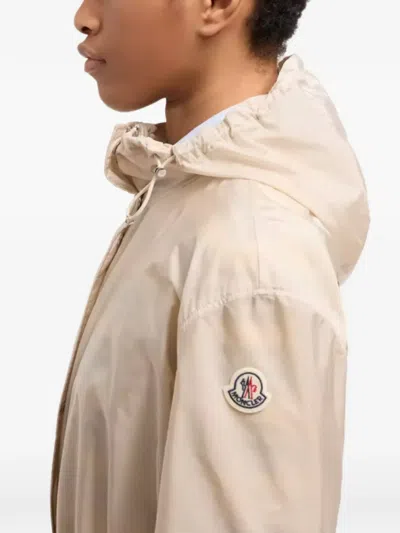 Moncler Weteau Ruched-trim Hooded Mid-length Jacket In Neutral