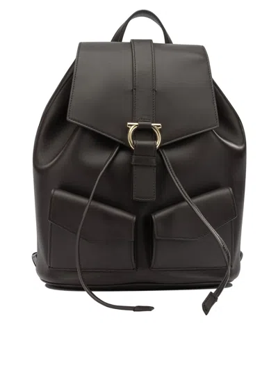 Ferragamo Leather Backpack Adjustable Straps Front Pockets In Black