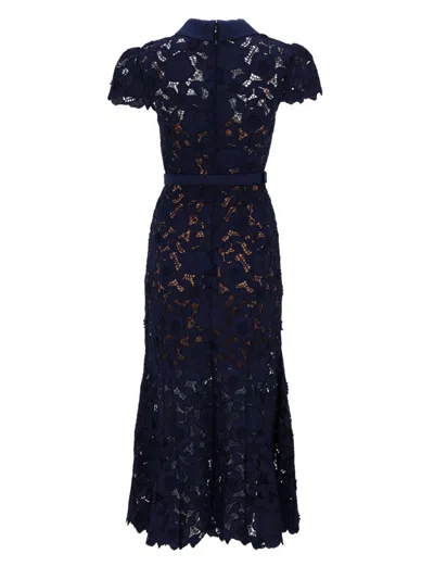 Self-portrait Guipure Blue Long Dress With Lace Design And Adjustable Waist Belt In Fabric Woman