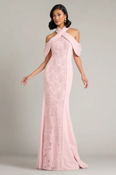 Tadashi Shoji Kato Embroidered Off-shoulder Halter Gown In Pink