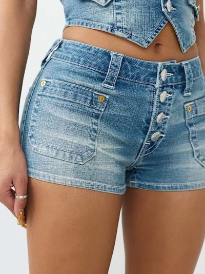 True Religion Patch Pocket Denim Shorts In Blue