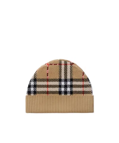 Burberry Check Wool Beanie In Brown