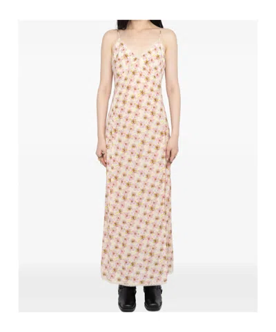 Zadig & Voltaire Ramelil Mirror Flowers Lace Trim Crepe Slipdress In Neutral