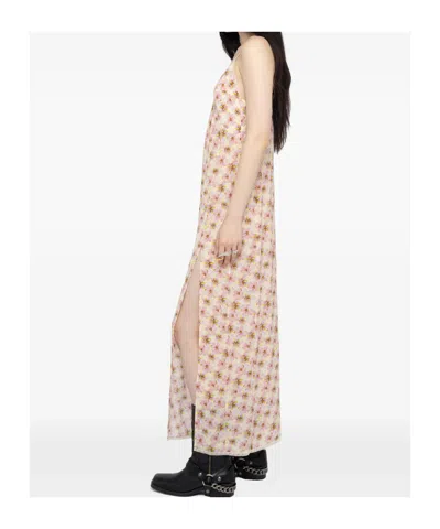 Zadig & Voltaire Ramelil Mirror Flowers Lace Trim Crepe Slipdress In Neutral