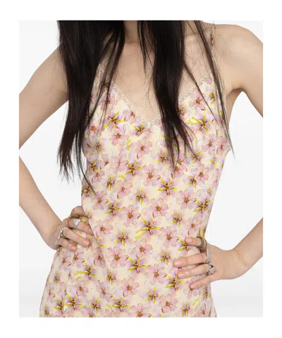 Zadig & Voltaire Ramelil Mirror Flowers Lace Trim Crepe Slipdress In Neutral