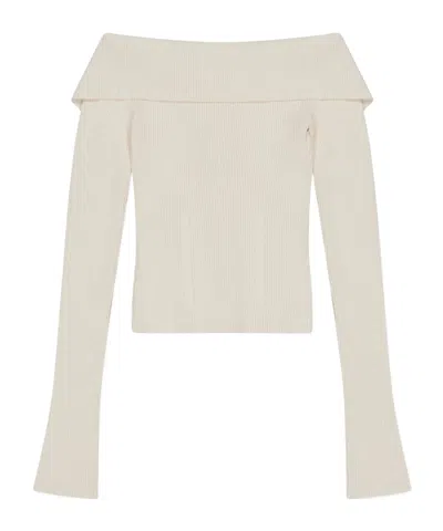 Zimmermann Off-the-shoulder Cotton-trimmed Ribbed-knit Cardigan In Neutral